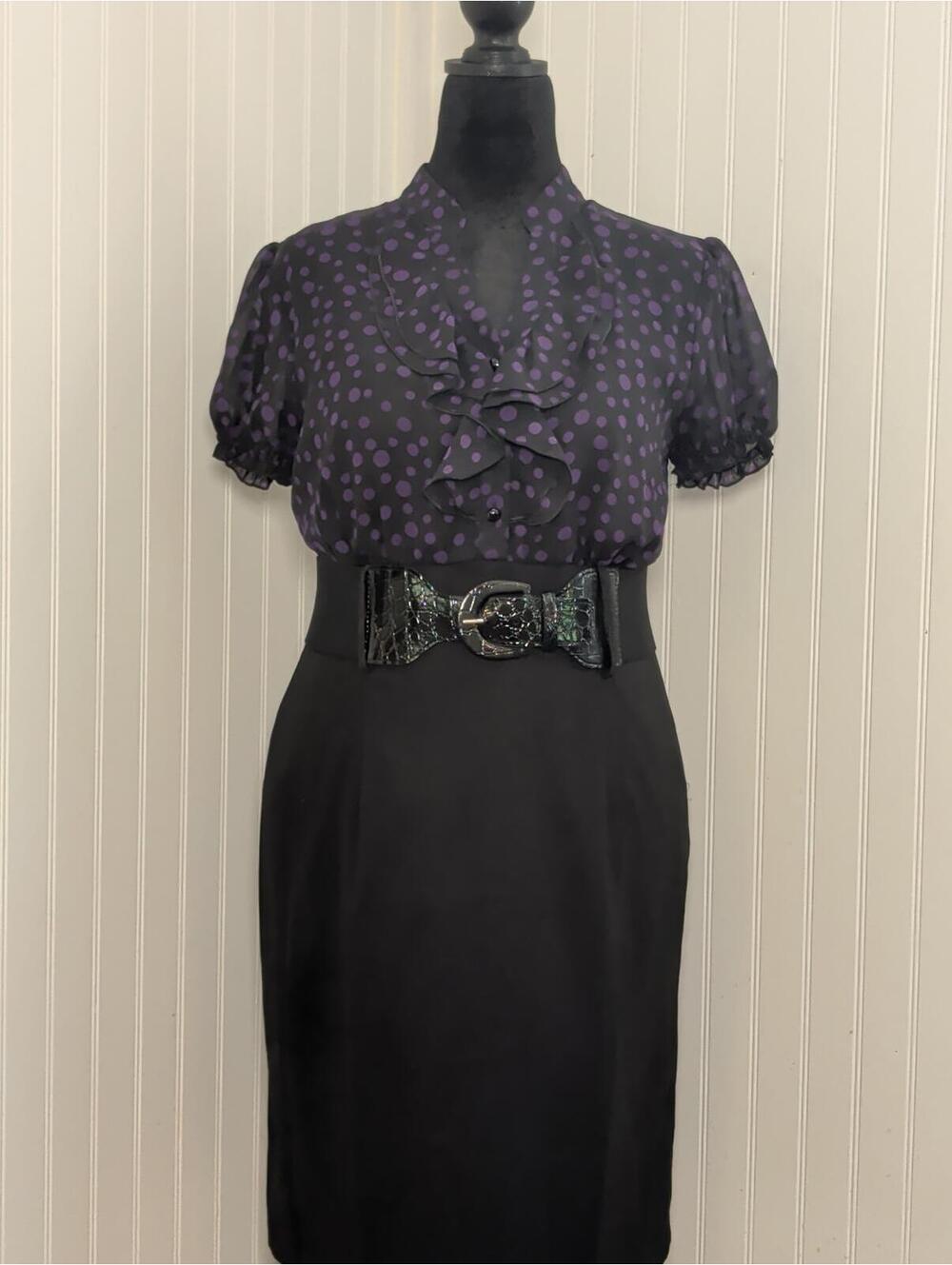 ALYX Black and Purple Polka Dot Dress with Belt Size 14P 50's Styling